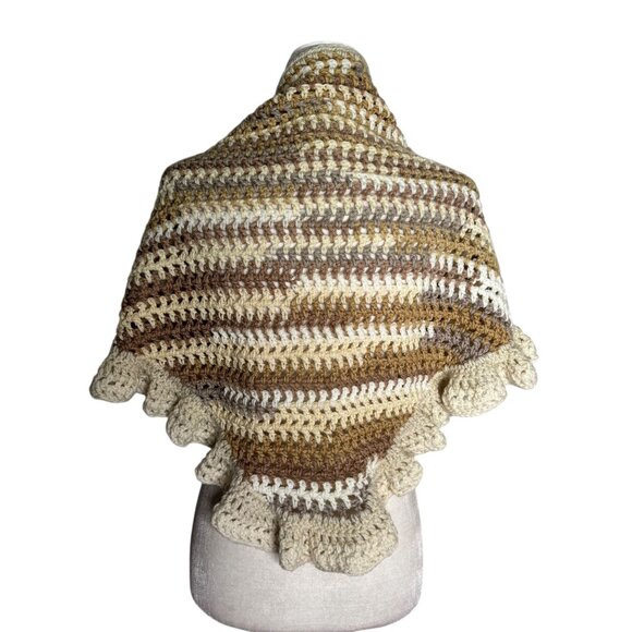 Handmade Beige Brown Cream Crochet Knit Shawl Wrap With Ruffled Edges Soft NEW - Picture 4 of 4